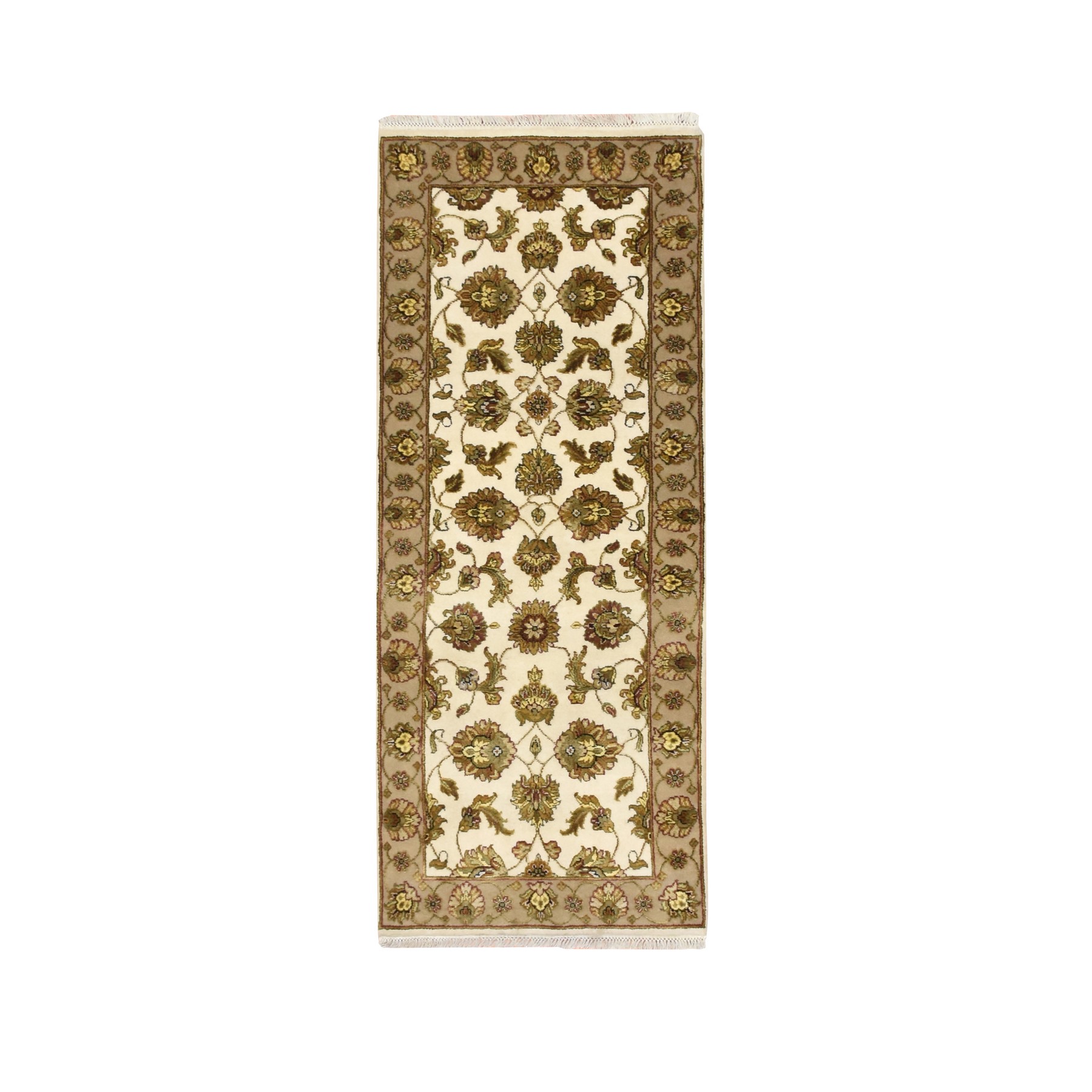 Bone White, Rajasthan with All Over Leaf Design, Hand Knotted, Wool and Silk, Soft Pile, Thick and Plush, Runner, Oriental Rug